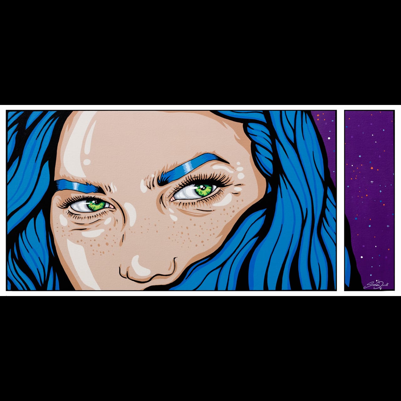 Miss Green Eyes pop art painting with blue hair and green eyes