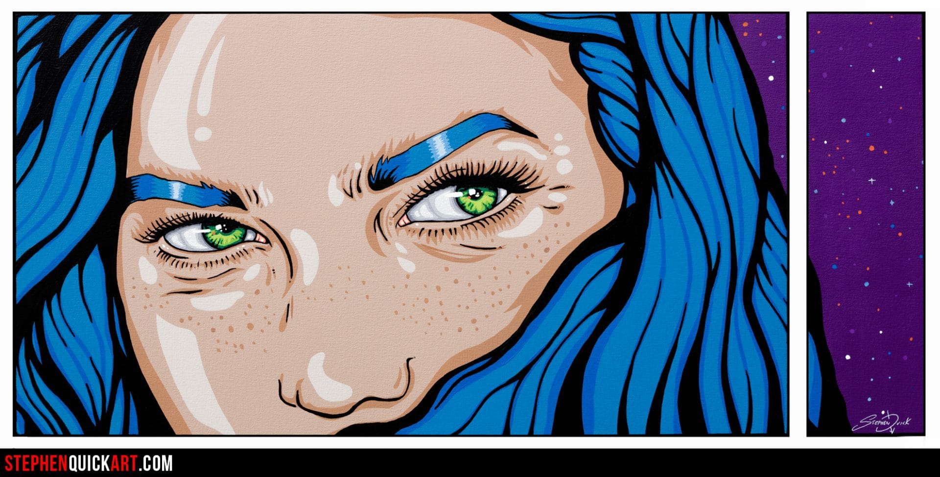 Miss Green Eyes pop art painting with blue hair and green eyes