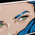Miss Green Eyes pop art painting with blue hair and green eyes
