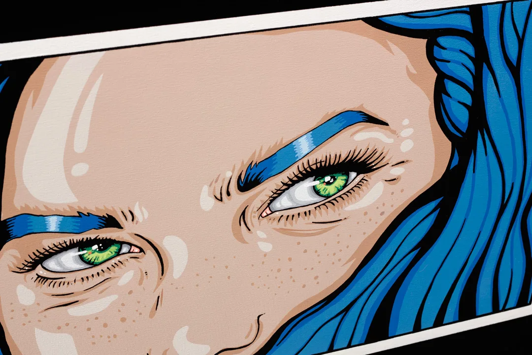 Miss Green Eyes pop art painting with blue hair and green eyes