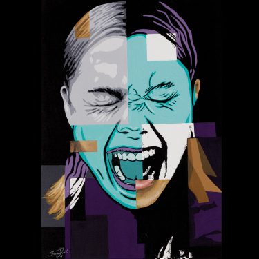 Fragmented portrait painting of Phoebe Bridgers painting pop art style.