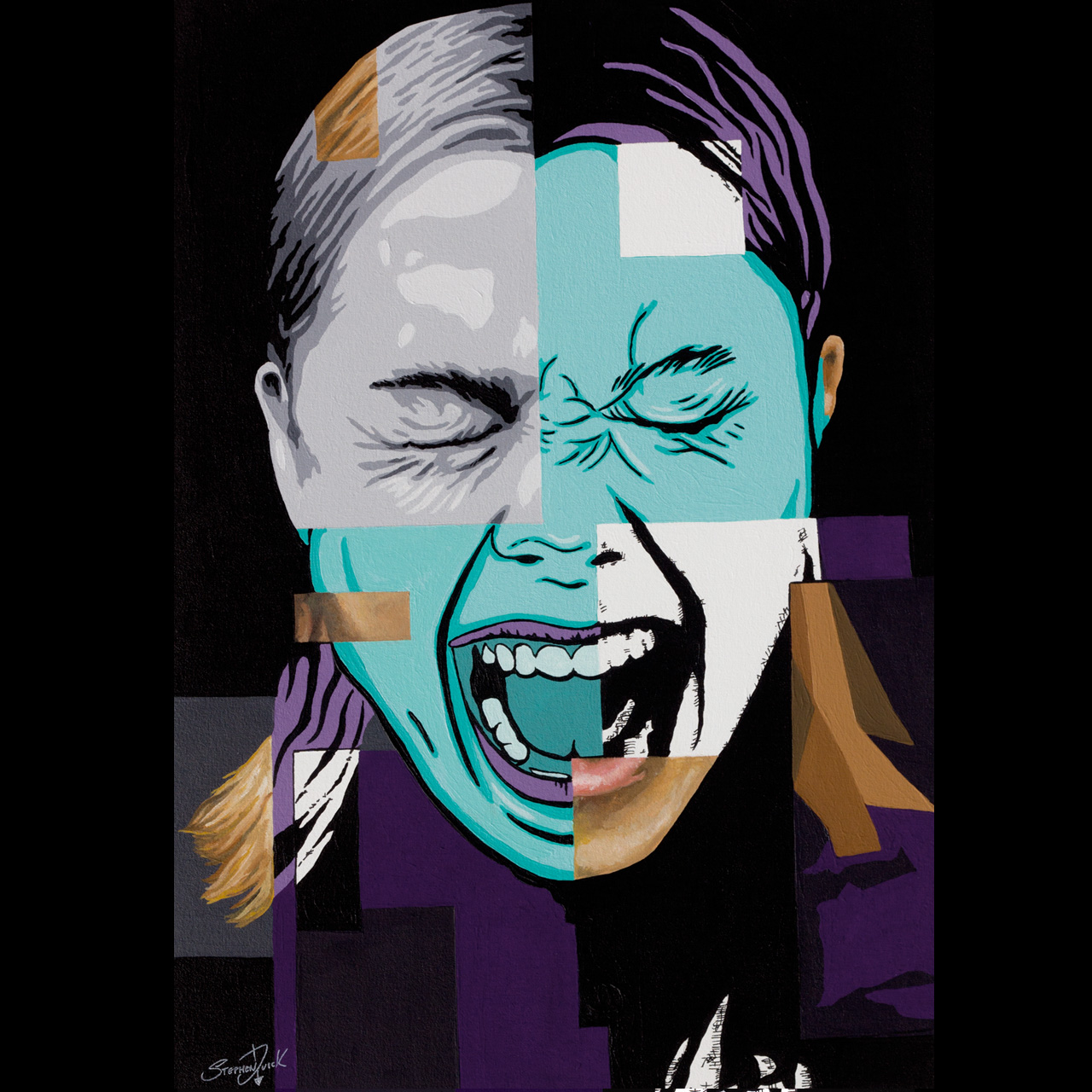 Fragmented portrait painting of Phoebe Bridgers painting pop art style.