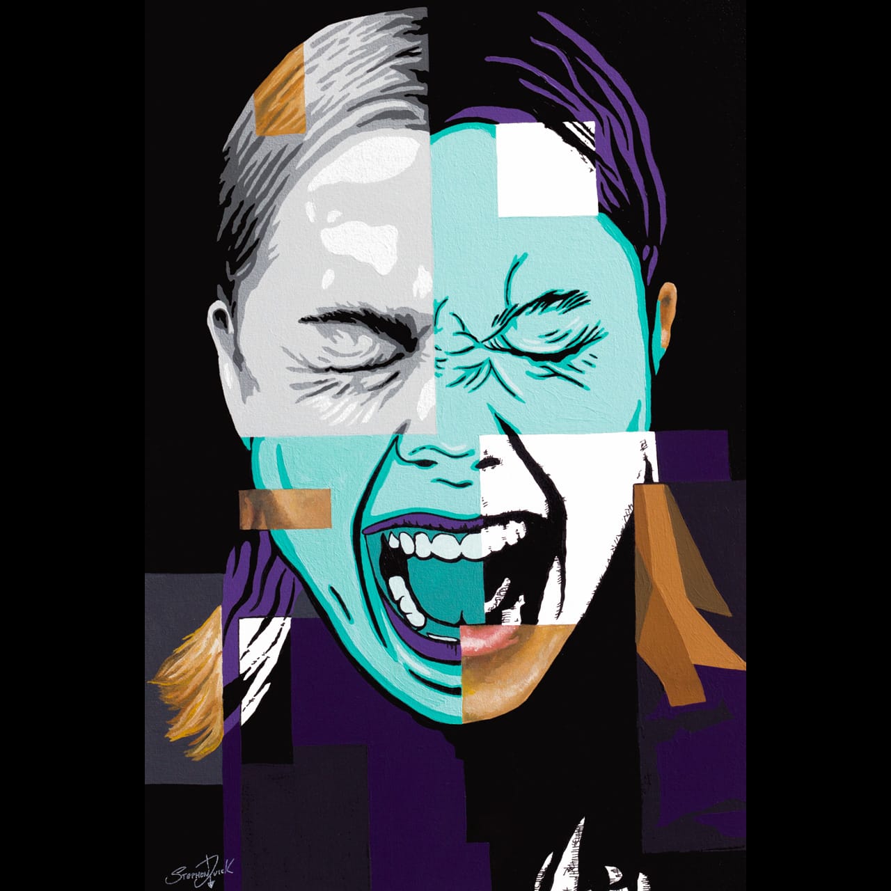 Fragmented portrait painting of Phoebe Bridgers painting pop art style.