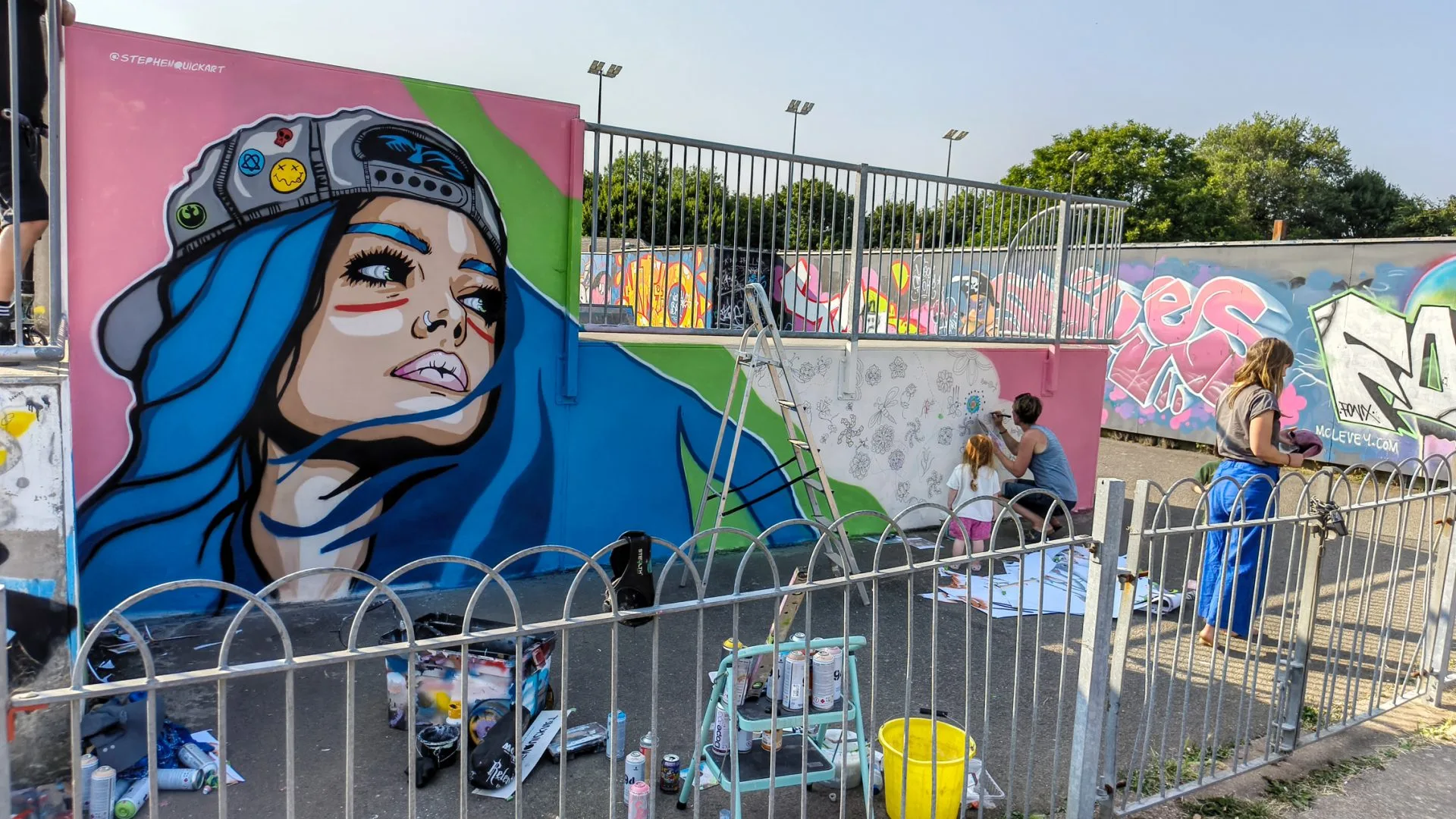 HOME 38 Skater Girl mural at Honiton Skate Park in Honiton, Devon by street artist Stephen Quick.