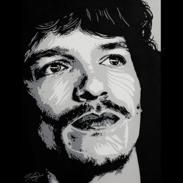 Connor Storrie stencil art portrait in spray paint and ink