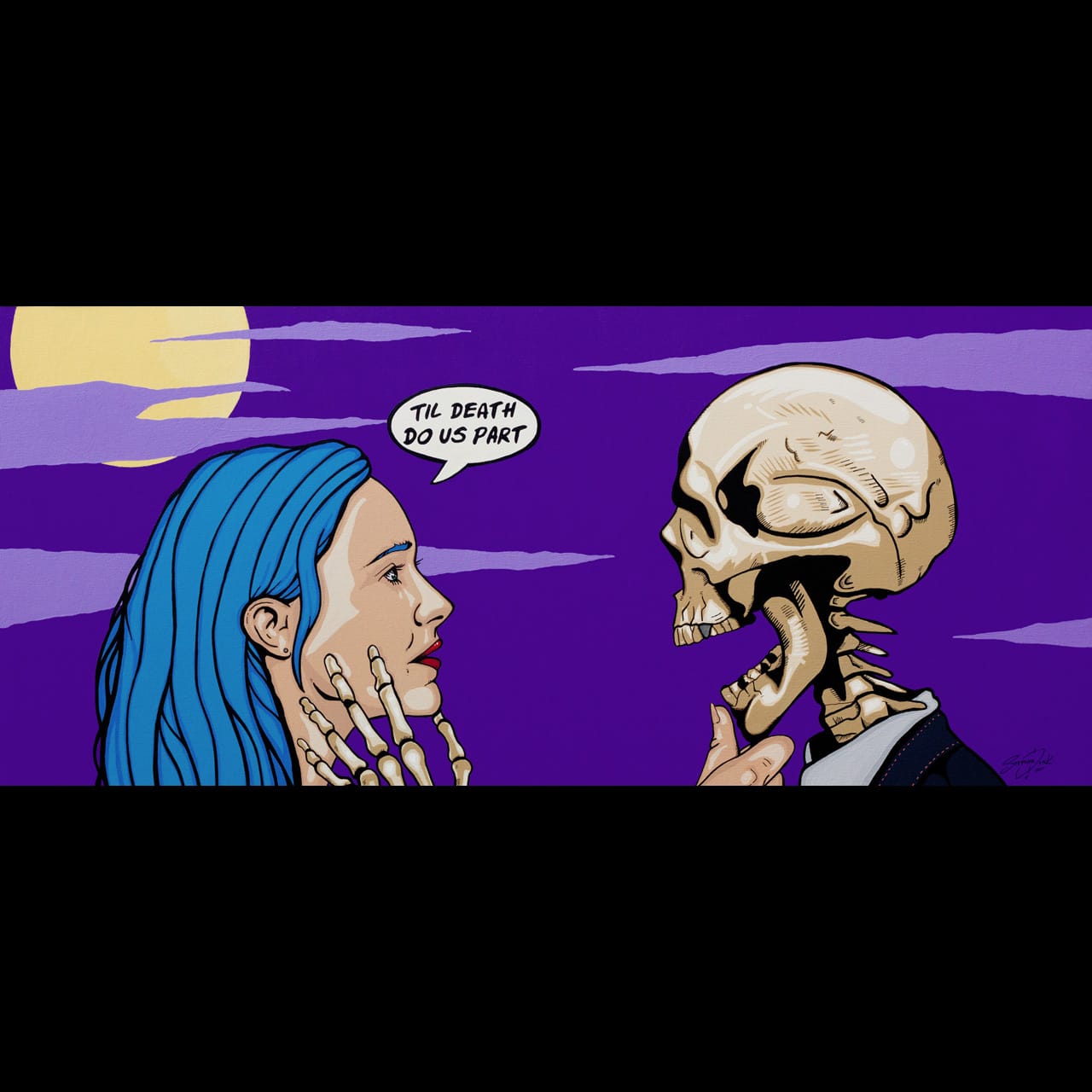 Till Death Do Us Part original dark pop art painting featuring a blue-haired woman embracing her skeleton lover in bright comic book colours.